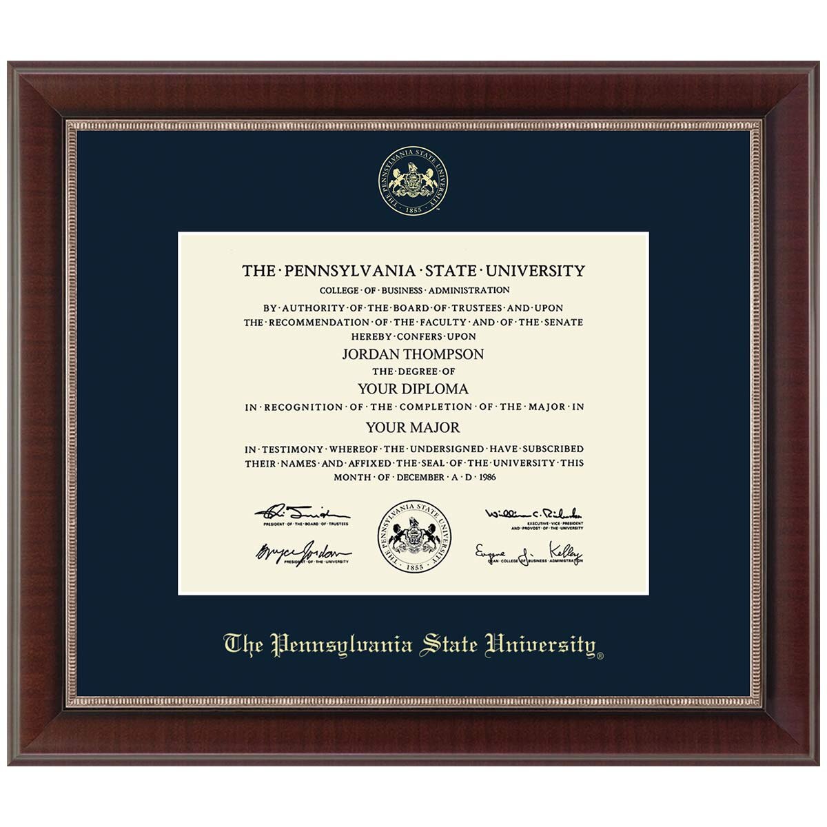 diploma frame #130, gold embossed seal The Pennsylvania State University, navy mat, Chateau molding walnut finish